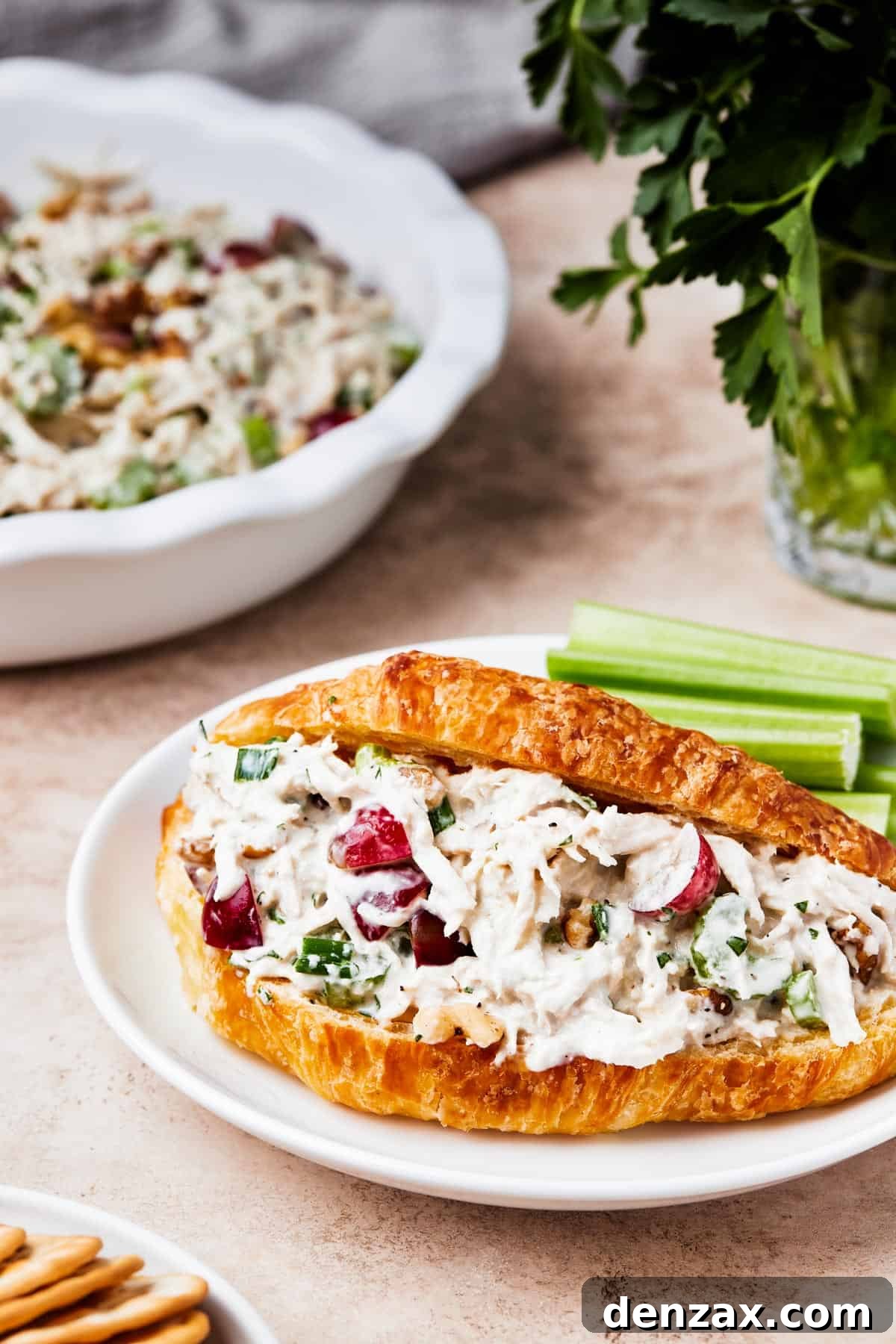 Chicken salad in a split croissant.
