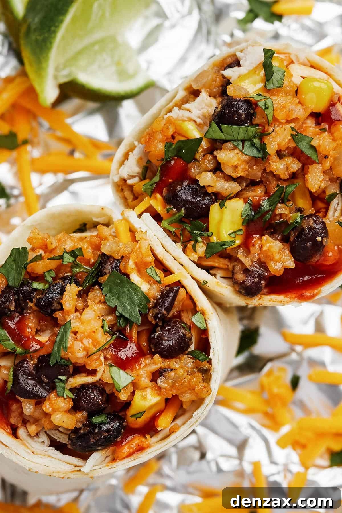 Easy Instant Pot Chicken Burritos Recipe — Quick & Flavorful Meal 12 Close-up shot of two burrito halves, garnished with chopped herbs.