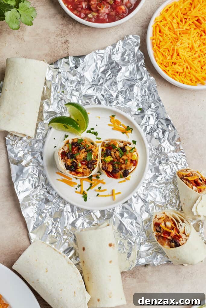 Easy Instant Pot Chicken Burritos Recipe — Quick & Flavorful Meal 10 A plate with two burrito halves on it, garnished with cheese and lime wedges. Aluminum foil, more burritos, and a dish of shredded cheese are placed around the plate.