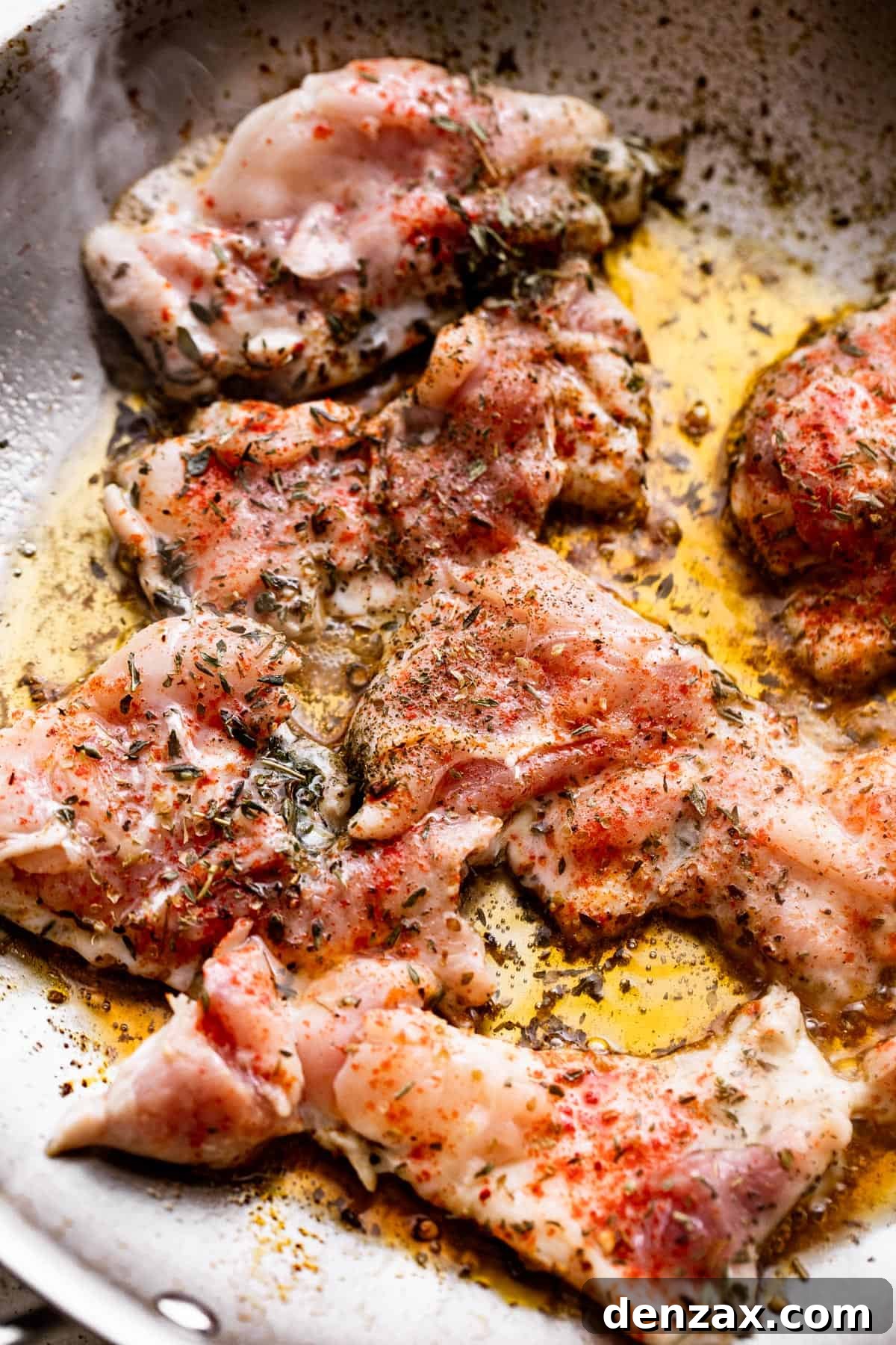 cooking boneless chicken thighs in a skillet.