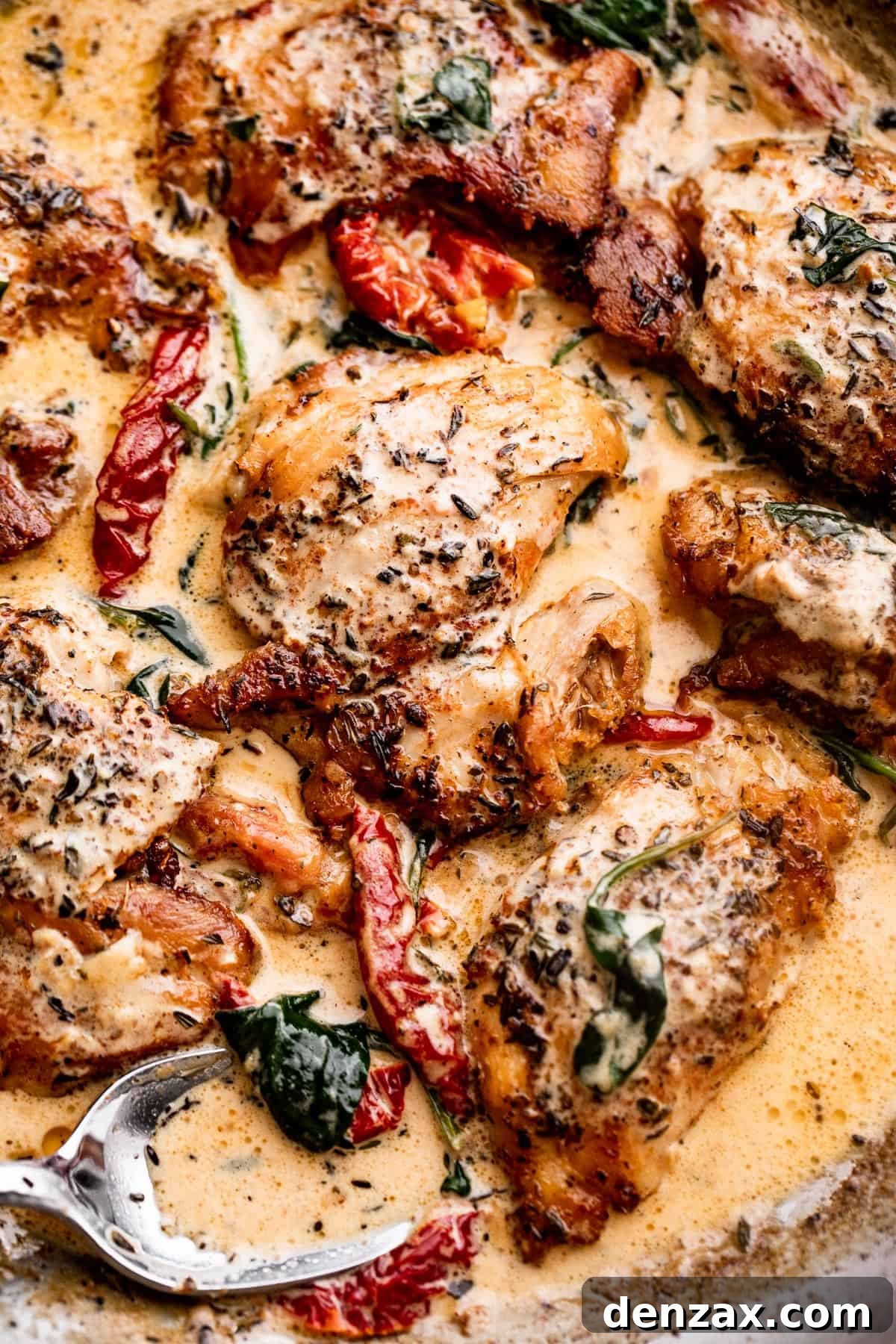 overhead close up shot of boneless chicken thighs in a creamy sun dried tomato sauce.