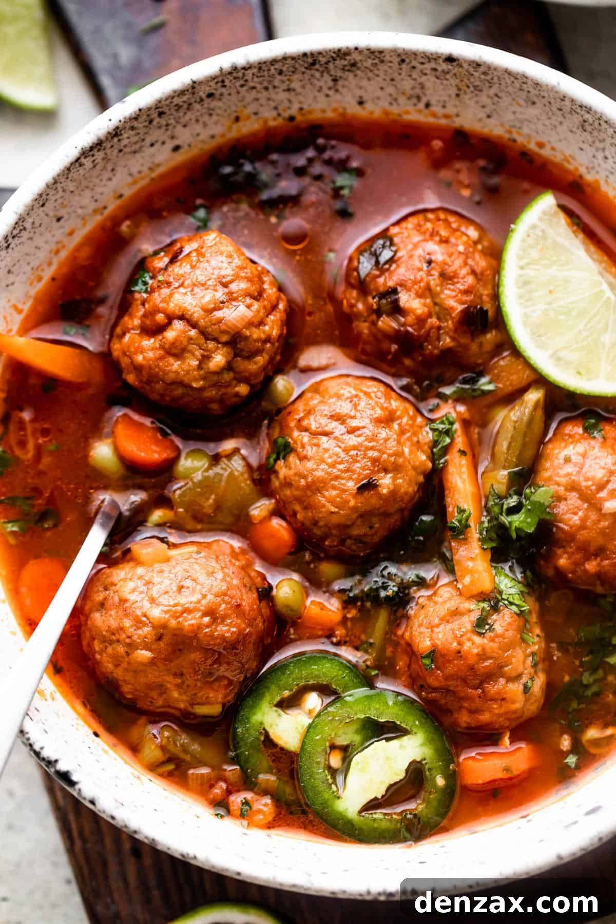 close up overhead shot of soup bowl filled with albondigas soup and garnished with limes and sliced jalapenos.