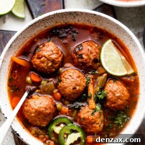 overhead shot of two soup bowls filled with albondigas soup and garnished with limes and sliced jalapenos.