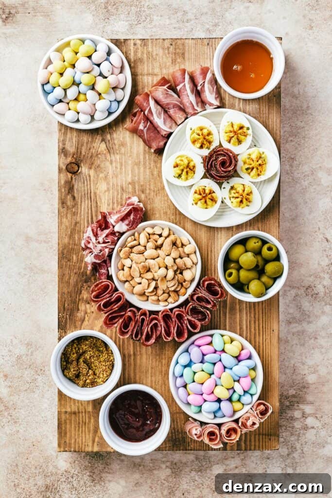 A rectangular cutting board with bowls of olives, condiments, jordan almonds, marcona almonds, and a plate of deviled eggs placed at random.