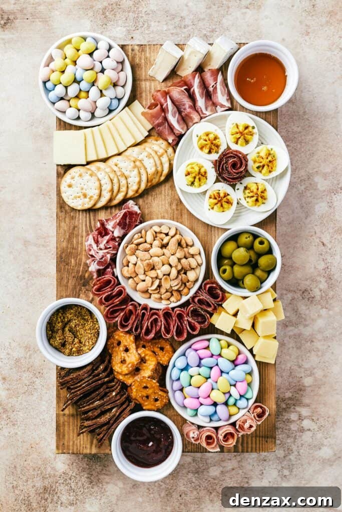 A wooden cutting board with dishes of ingredients, folded and rolled sliced meats, sliced and cued cheeses, and an assortment of crackers arranged on top.