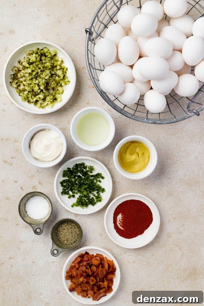 Classic Deviled Eggs Recipe: Creamy, Tangy Party Appetizer 4 From top left: Chopped pickles, eggs, mayonnaise, pickle juice, dijon mustard, chopped chives, paprika, salt, pepper, chopped bacon.