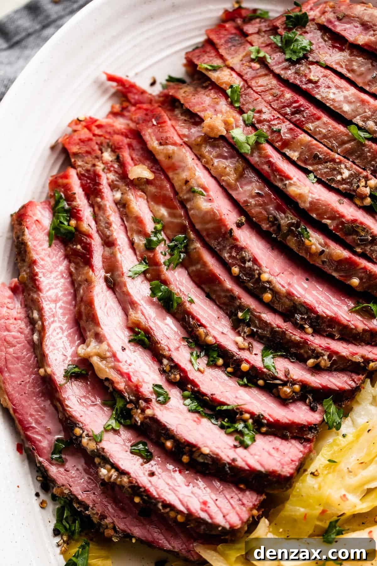 close up shot of sliced corned beef that was cooked in the instant pot.