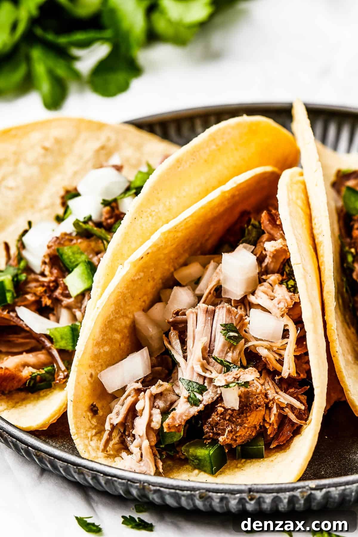 Close-up shot of three pork tacos with onion and herbs.