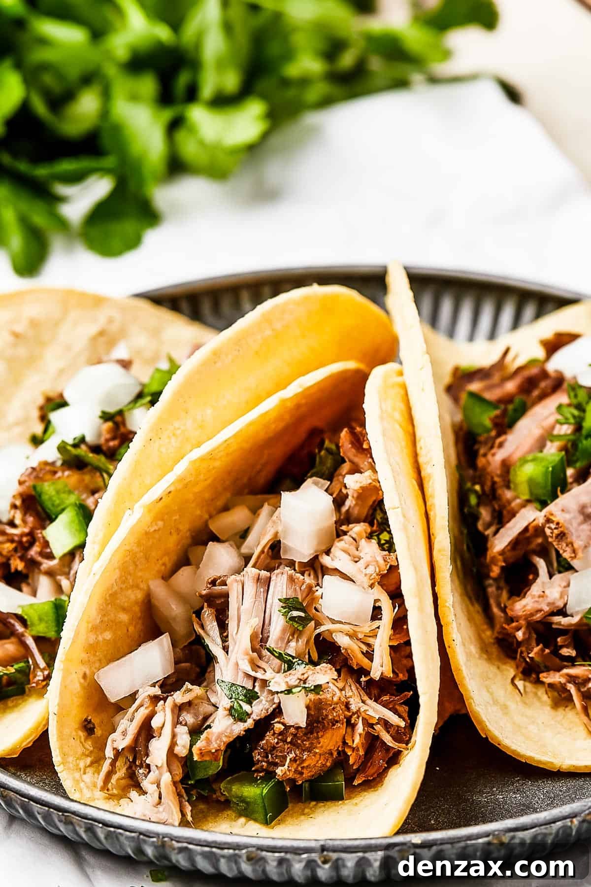 Close-up shot of three pork tacos with onion and herbs.