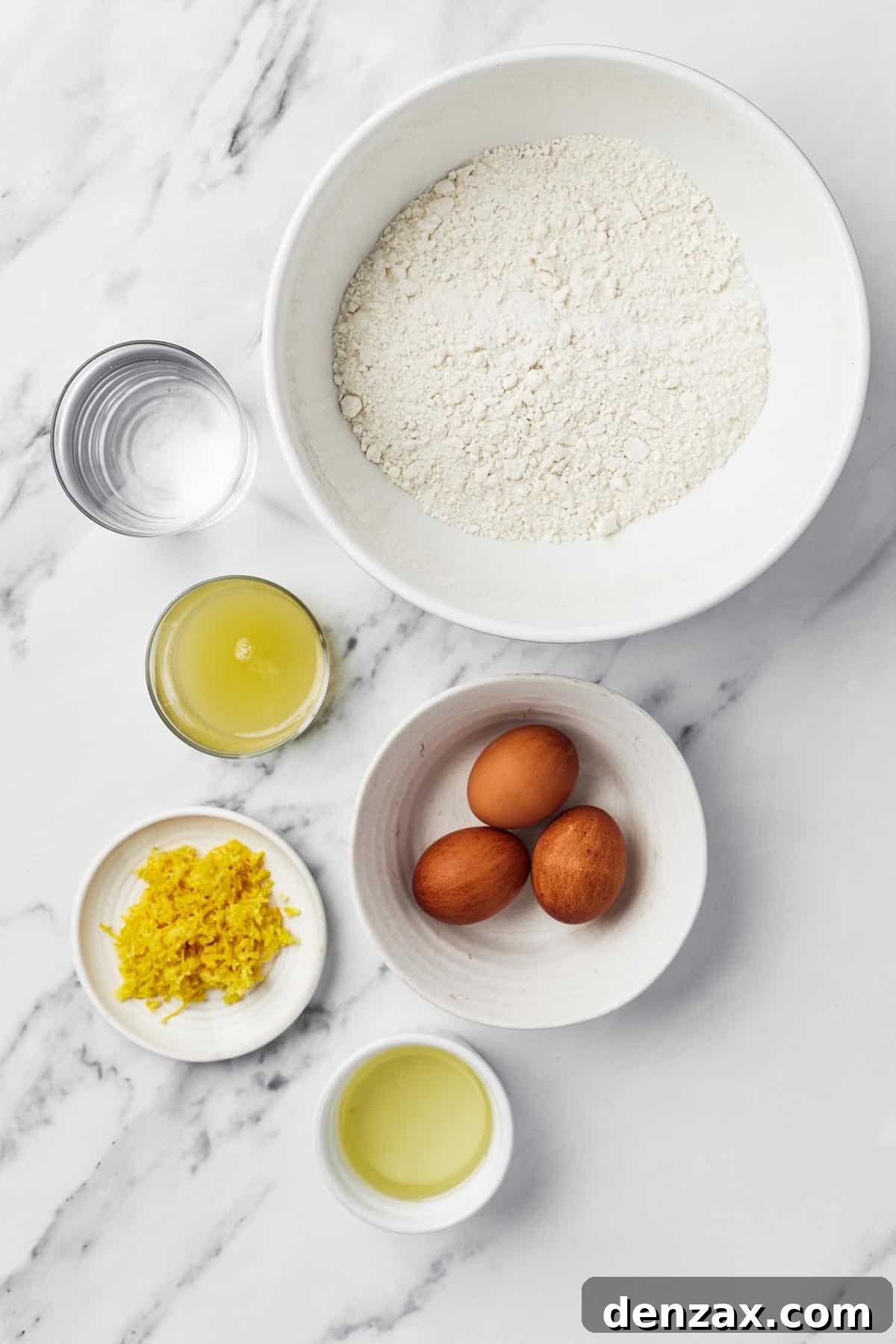 From top left: Water, cake mix, oil, eggs, lemon zest, and lemon juice.