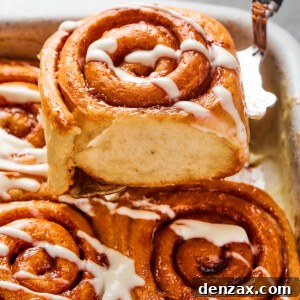 Homemade Cinnamon Rolls: Soft, Fluffy Recipe from Scratch 16 A cinnamon bun lifted from a pan, to show the texture of the torn side of the roll.