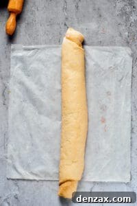 Homemade Cinnamon Rolls: Soft, Fluffy Recipe from Scratch 8 A long, rolled-up piece of yeast dough on a sheet of parchment, next to a rolling pin.