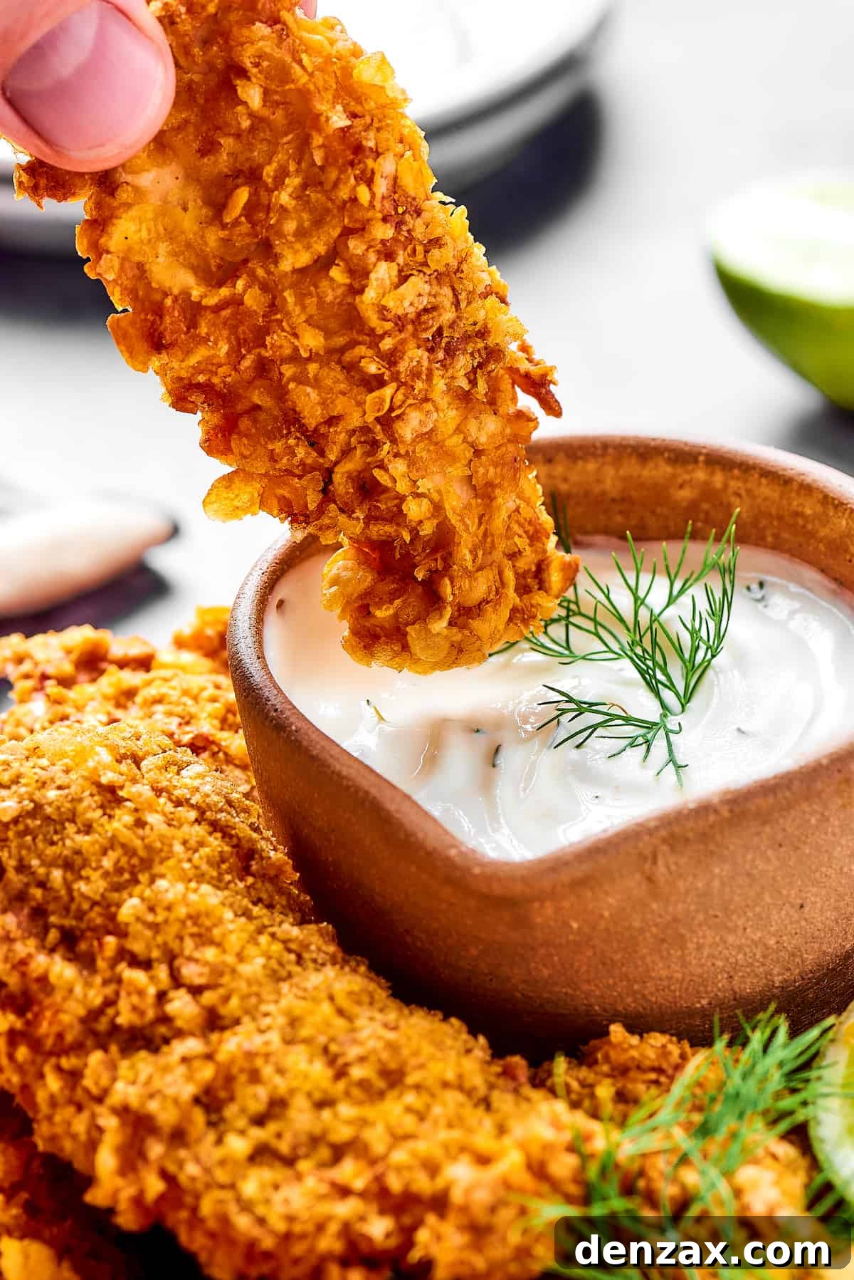 A piece of chicken tempura being dipped in creamy sauce.