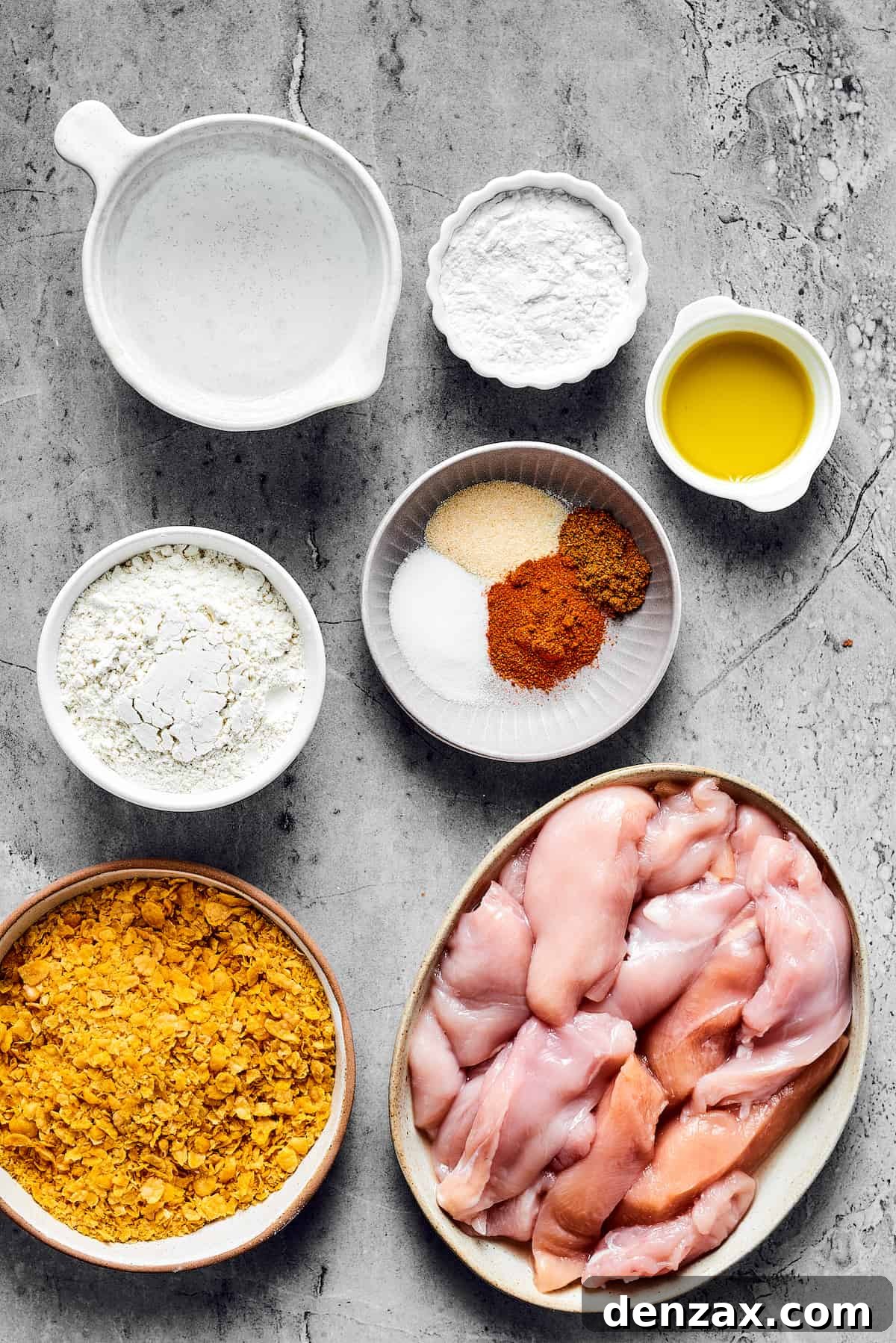 From top: Water, tapioca flour, olive oil, all-purpose flour, seasonings, corn flakes, chicken breast strips.
