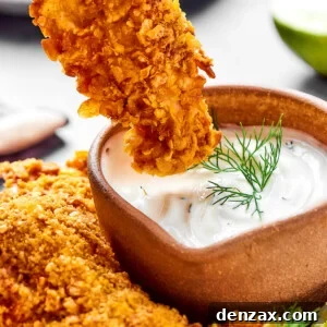 A piece of chicken tempura being dipped in creamy sauce.