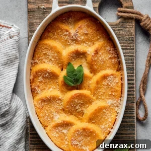 Baked gnocchi alla Romana garnished with fresh sage.