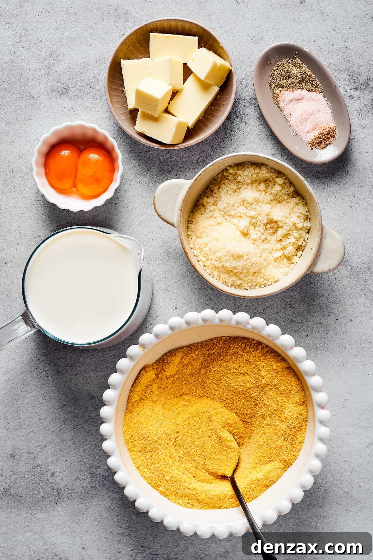 From top: Butter, seasonings, egg yolks, parmesan cheese, milk, semolina.