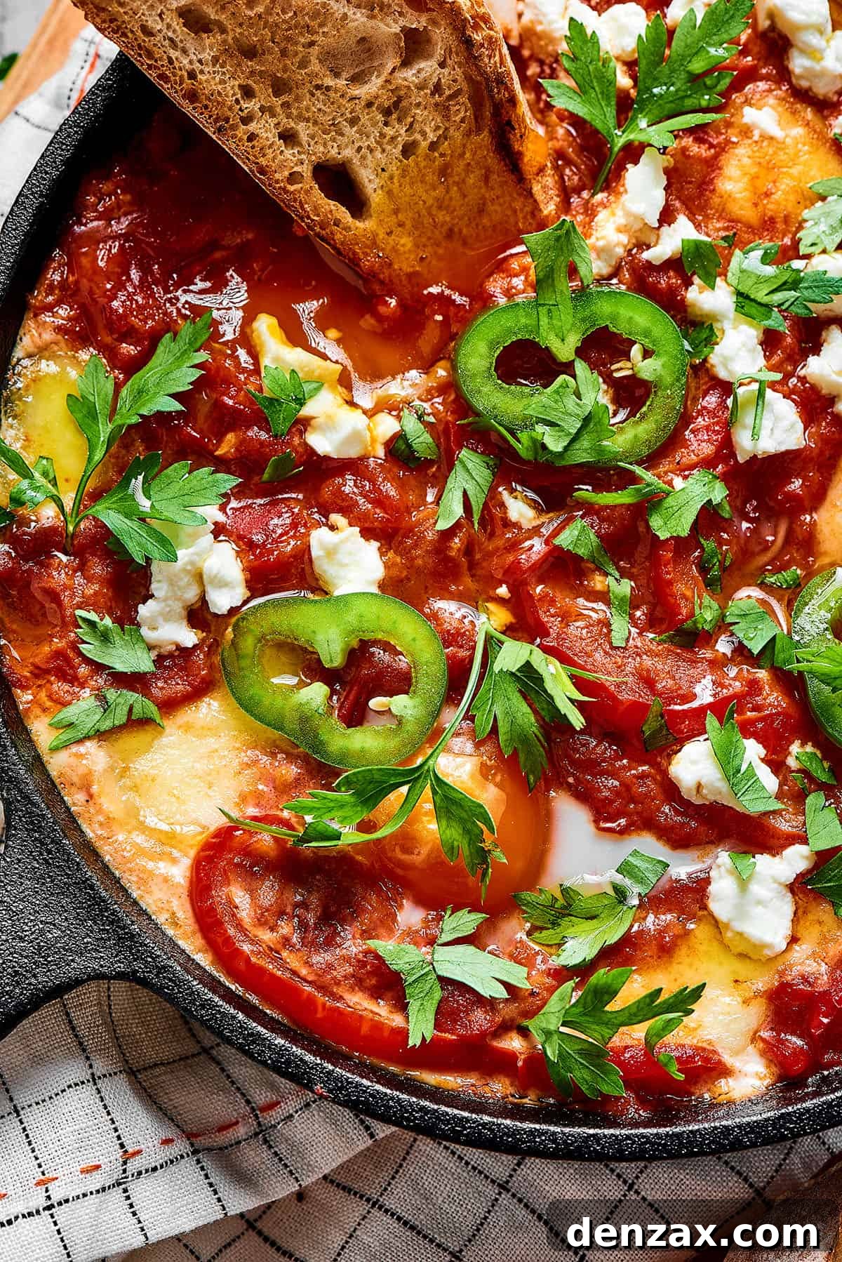 Shakshuka in a cast-iron skillet, with a baguette slice dipped in the sauce.