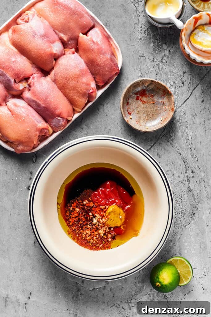 A platter of raw, boneless skinless chicken thighs, next to several small dishes of ingredients that have been emptied into a larger bowl to make a marinade.