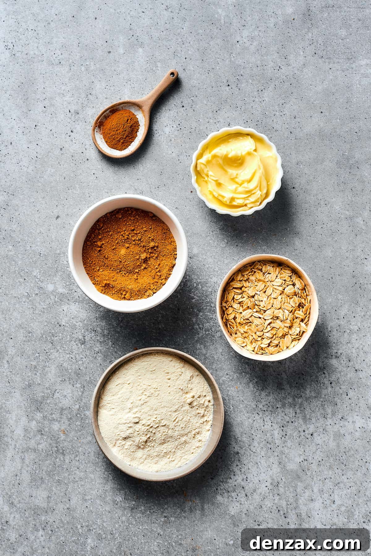 From top: Cinnamon, butter, rolled oats, flour, brown sugar.