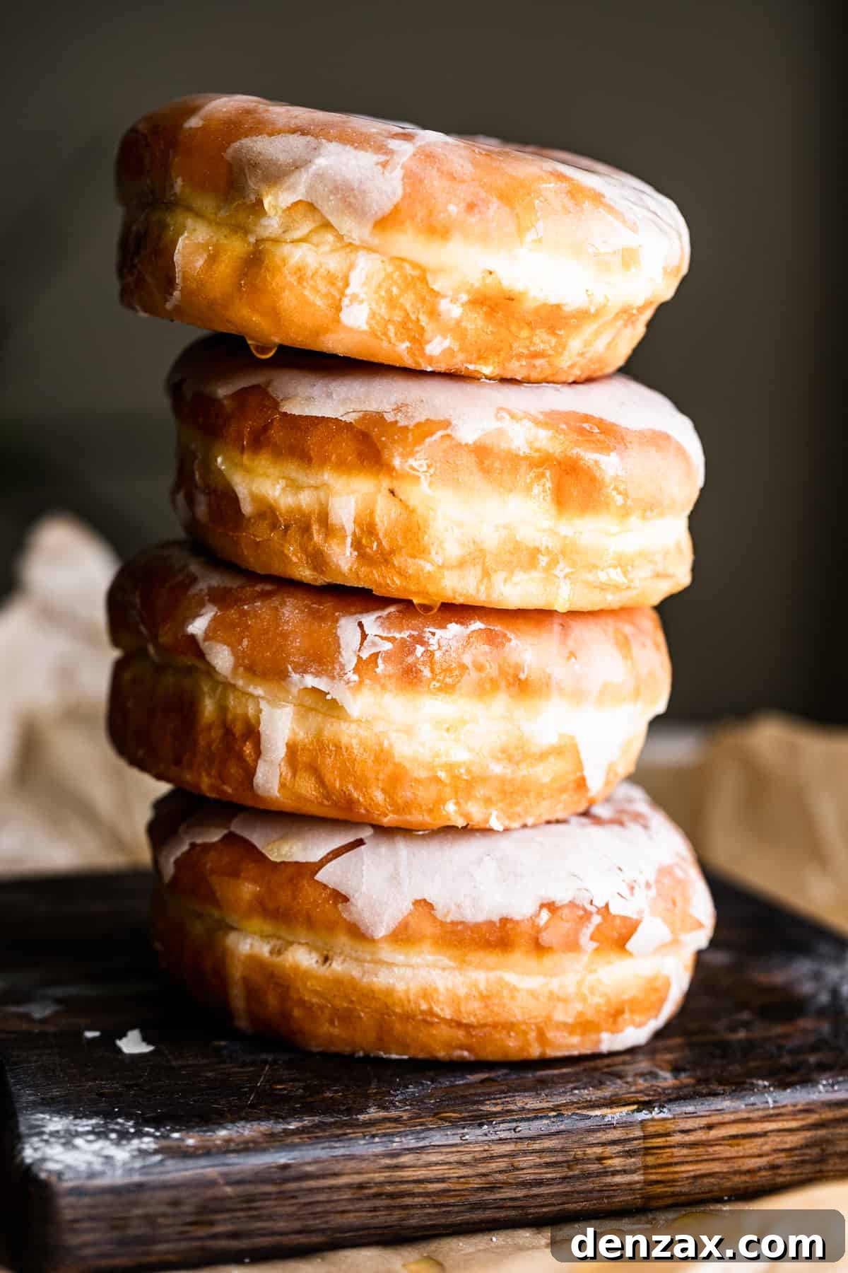 Maple-Glazed Baked Apple Cider Doughnuts for Fall Treats 2 four baked doughnuts stacked one on top of the other, and pictured against a brown backdrop.