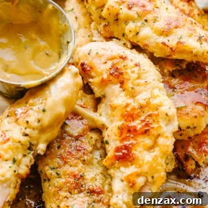 A close-up photo of chicken tenders and a small serving bowl filled with mustard sauce.