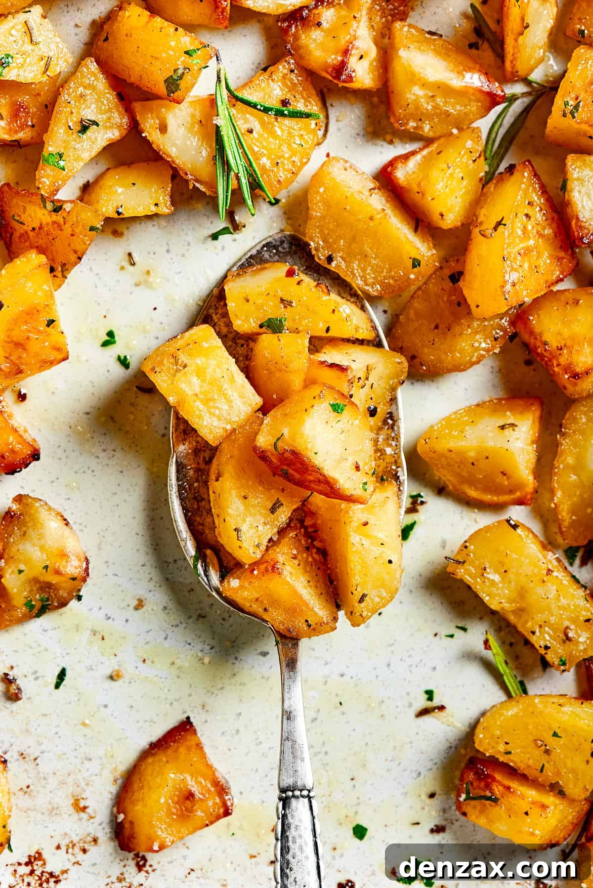 A tray of roast potatoes with a silver spoon lifting some of the potato pieces.