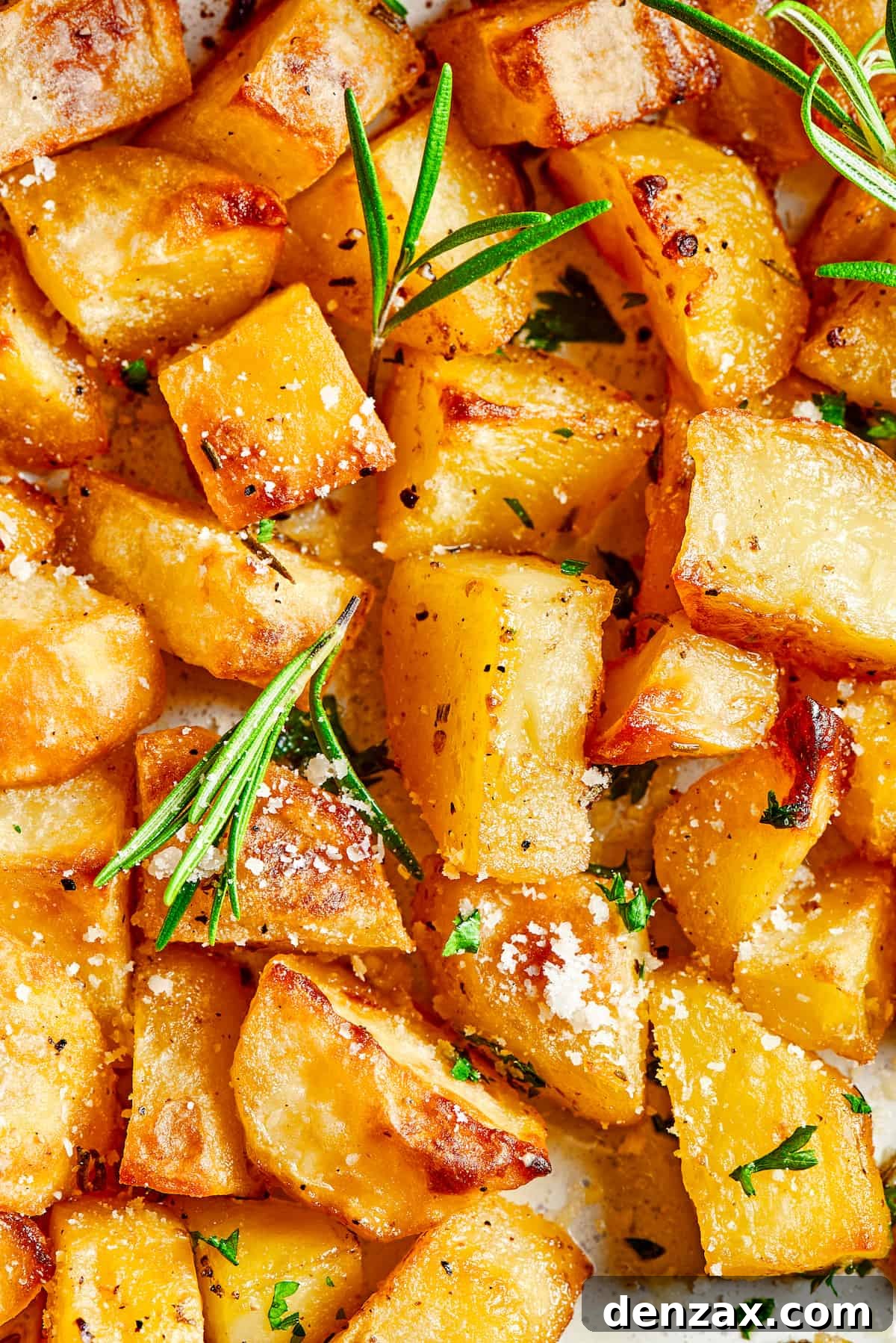 close up shot of oven roasted potatoes garnished with rosemary leaves and grated cheese.