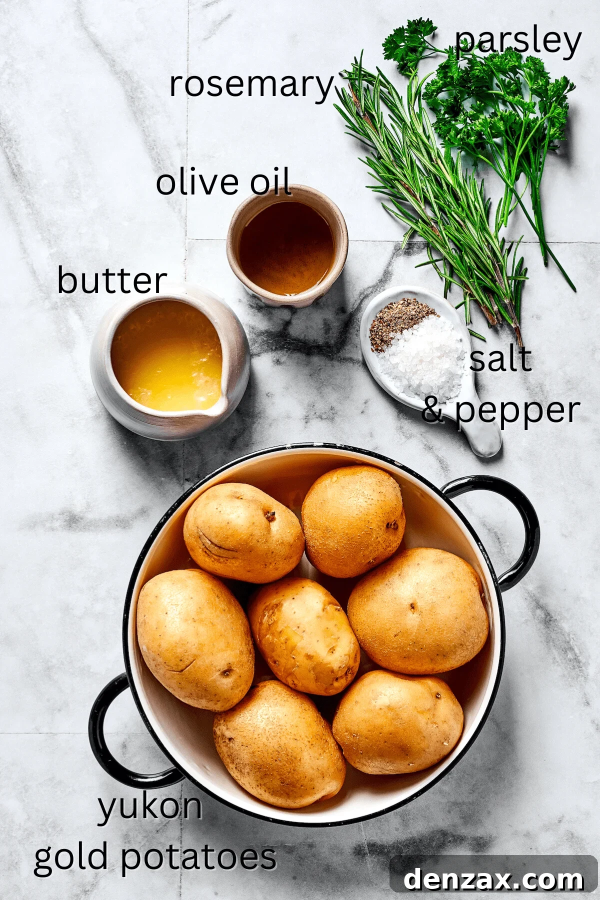 From top: Fresh herbs, oil, melted butter, salt and pepper, potatoes.