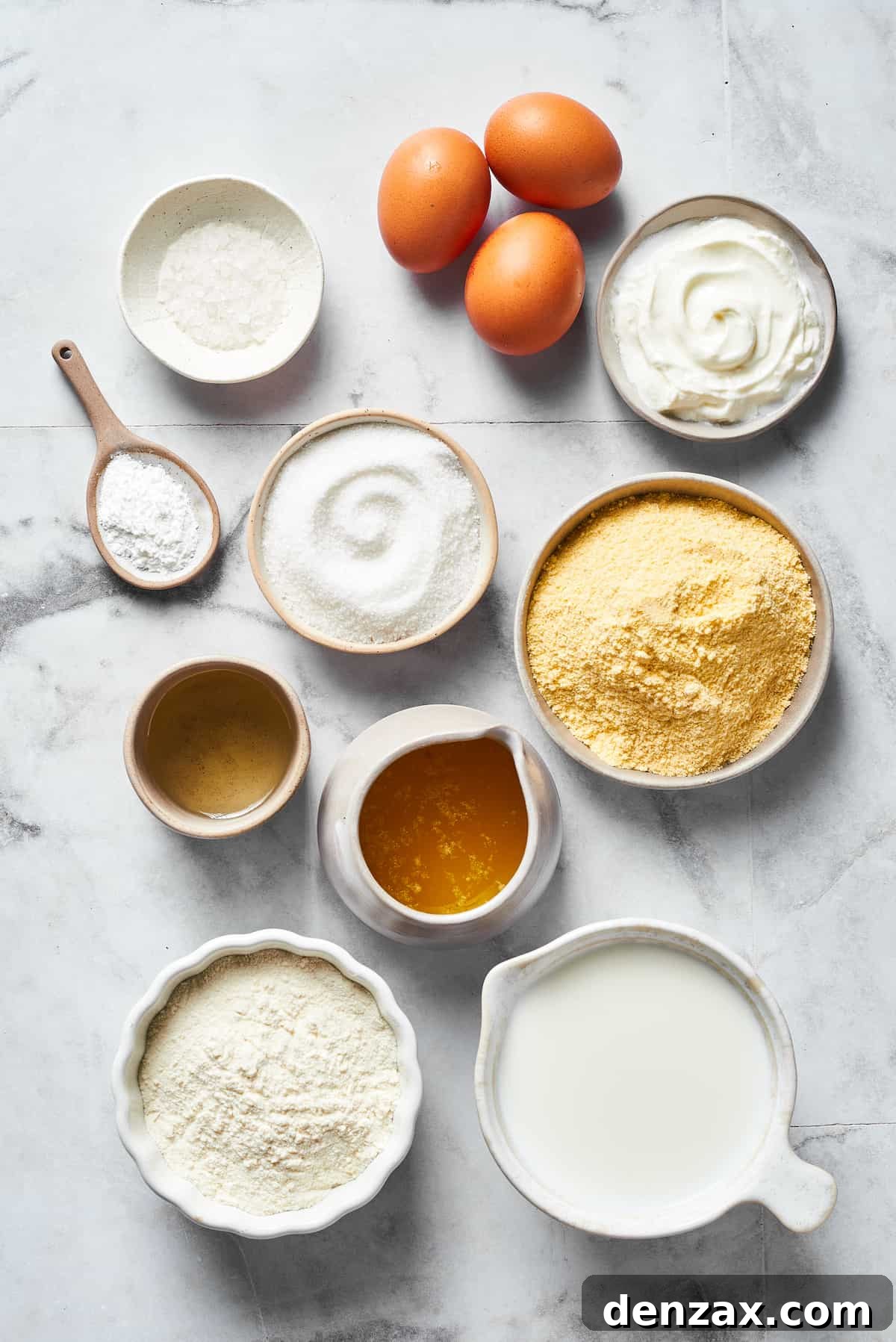 From top: Salt, eggs, sour cream, baking powder, sugar, cornmeal, oil, melted butter, flour, milk.