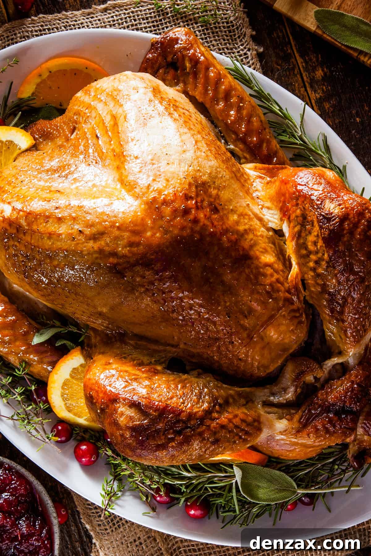 A roasted Thanksgiving turkey served on a platter and garnished with citrus slices and green herbs.