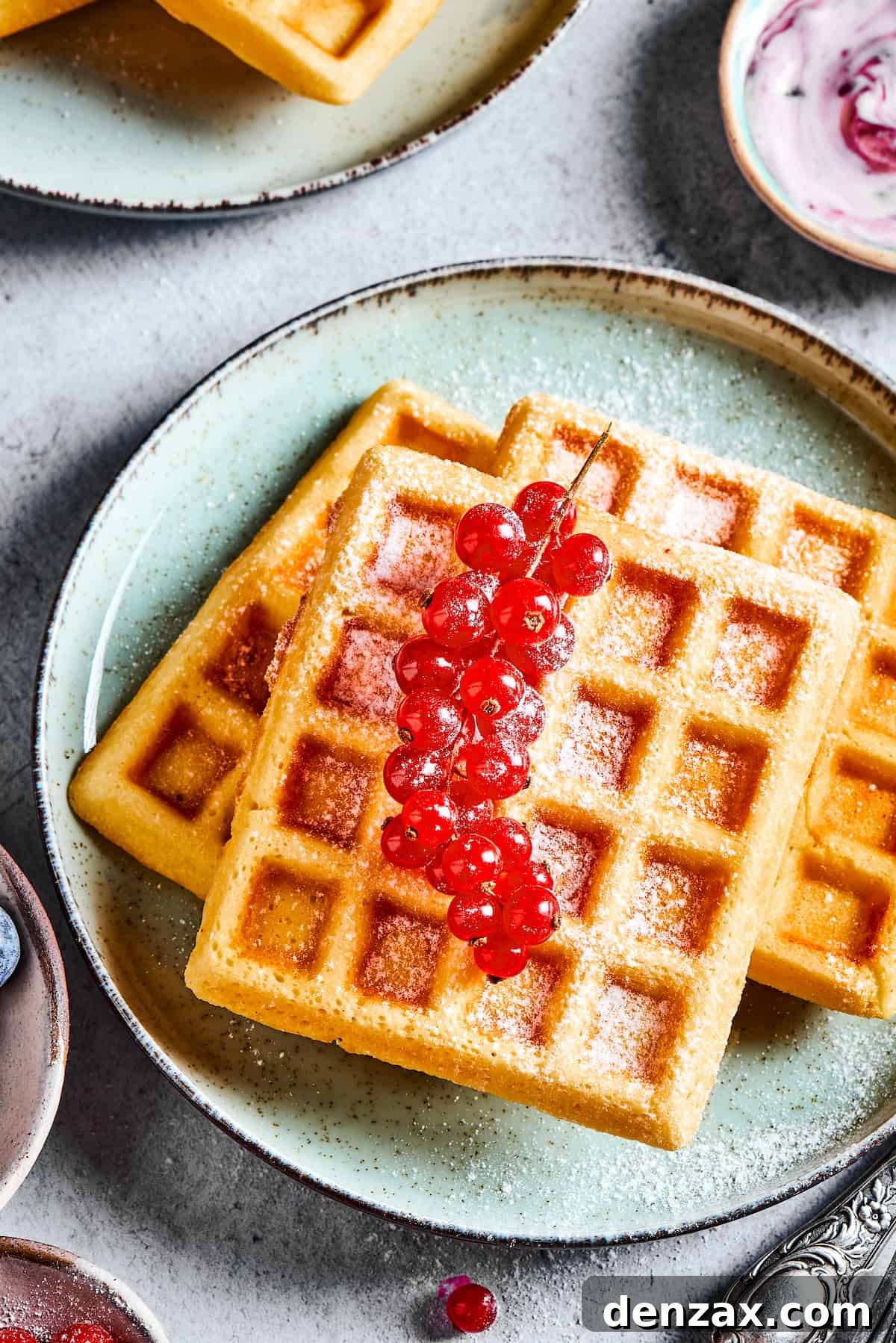 Treat yourself to a light, buttery, fluffy breakfast made from scratch, with this Easy Waffle Recipe - and don’t forget the syrup! A plate of waffles garnished with fresh currants.