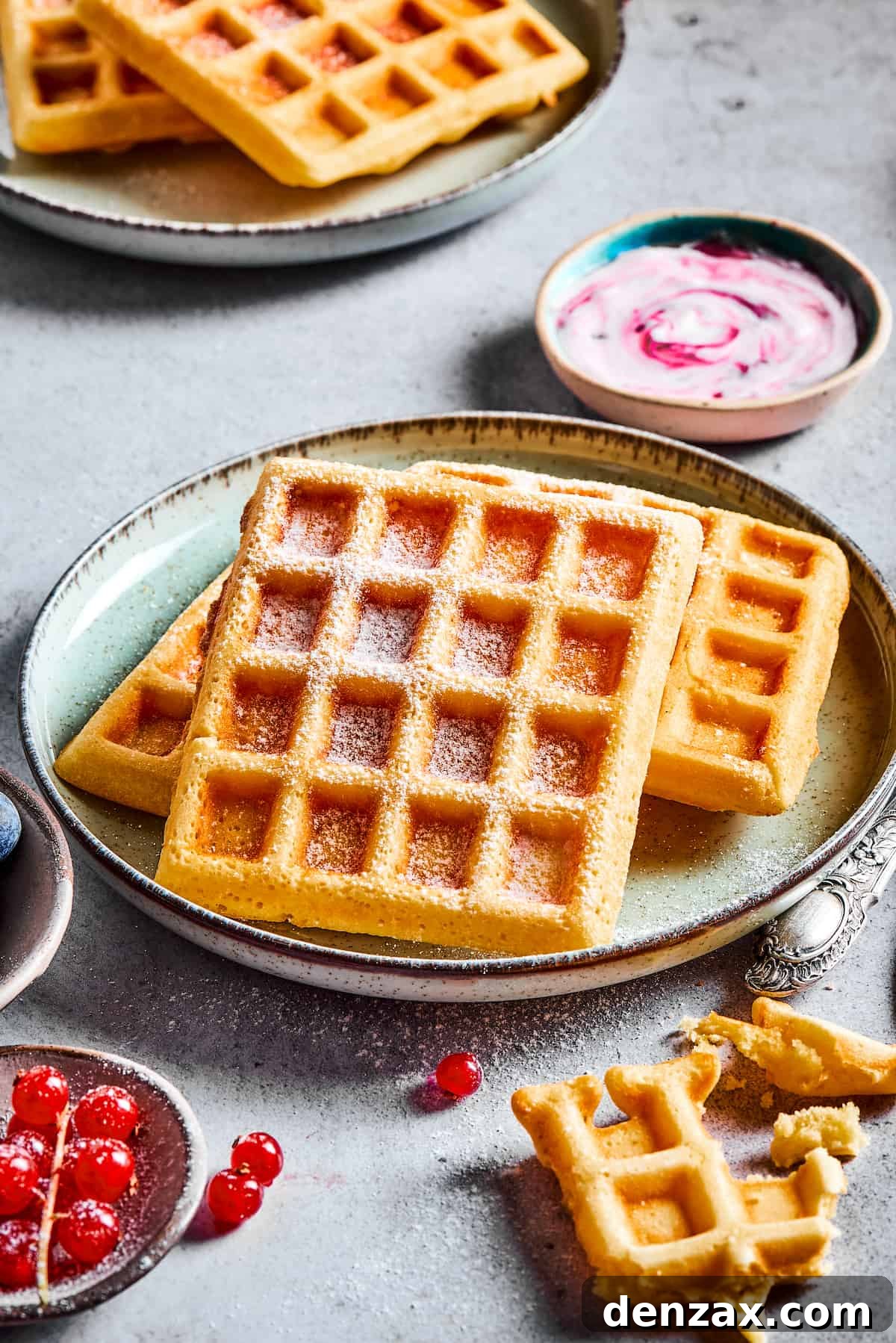Treat yourself to a light, buttery, fluffy breakfast made from scratch, with this Easy Waffle Recipe - and don’t forget the syrup! Plates of waffles on a gray work surface with dishes of berry yogurt and currants.