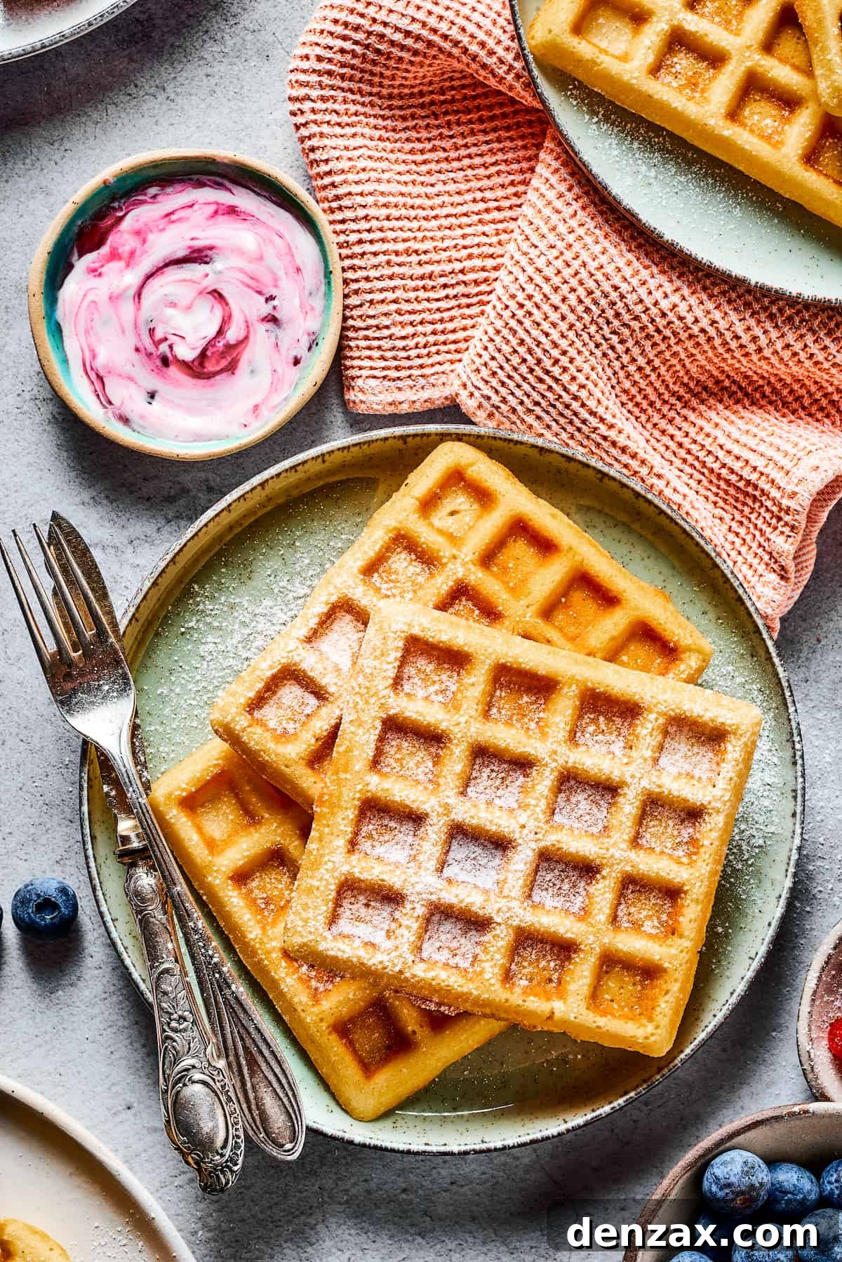 Treat yourself to a light, buttery, fluffy breakfast made from scratch, with this Easy Waffle Recipe - and don’t forget the syrup! Overhead shot of three waffles on a plate, with a cloth napkin, cup of yogurt, and dish of fresh fruit.