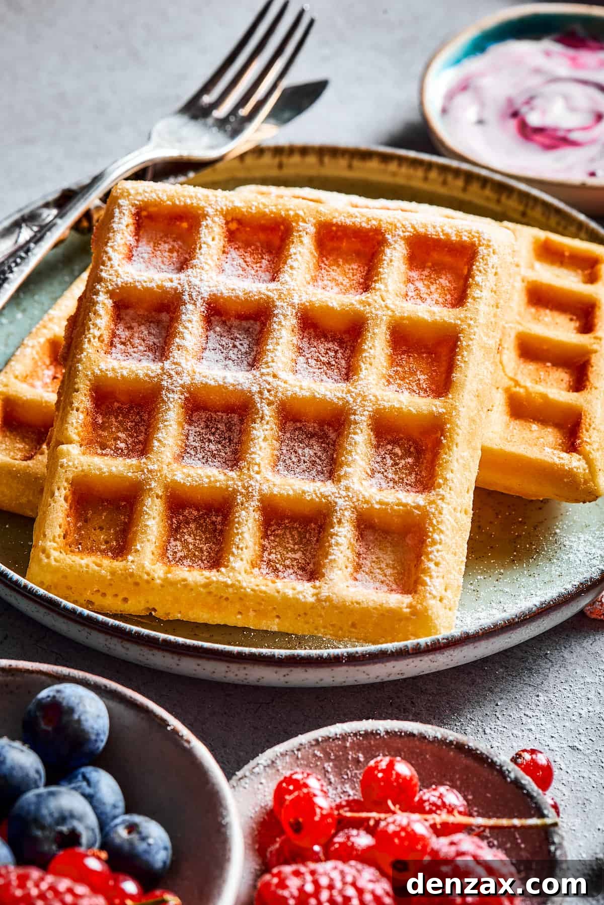 Treat yourself to a light, buttery, fluffy breakfast made from scratch, with this Easy Waffle Recipe - and don’t forget the syrup! Golden brown waffles dusted with powdered sugar.
