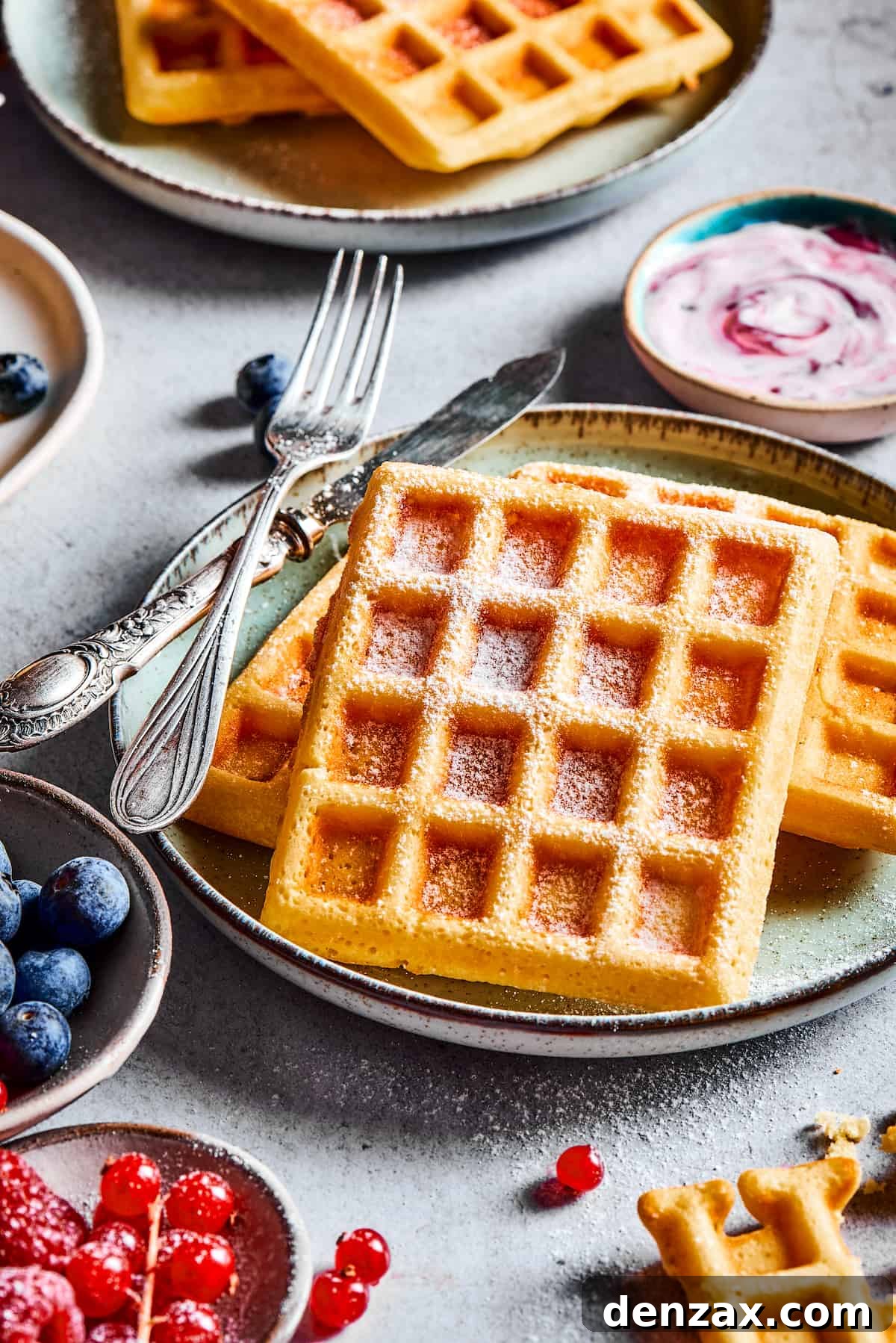 Crispy Homemade Waffles: Simple Recipe for Fluffy Breakfast 2 Homemade waffles on a table.