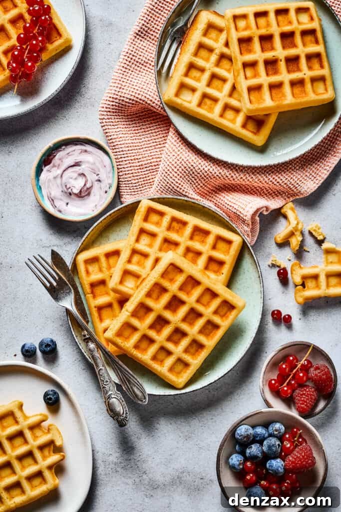 Crispy Homemade Waffles: Simple Recipe for Fluffy Breakfast 6 Breakfast made with a homemade waffle recipe. The waffles are arranged on a table with cloth napkins, berries, and yogurt.