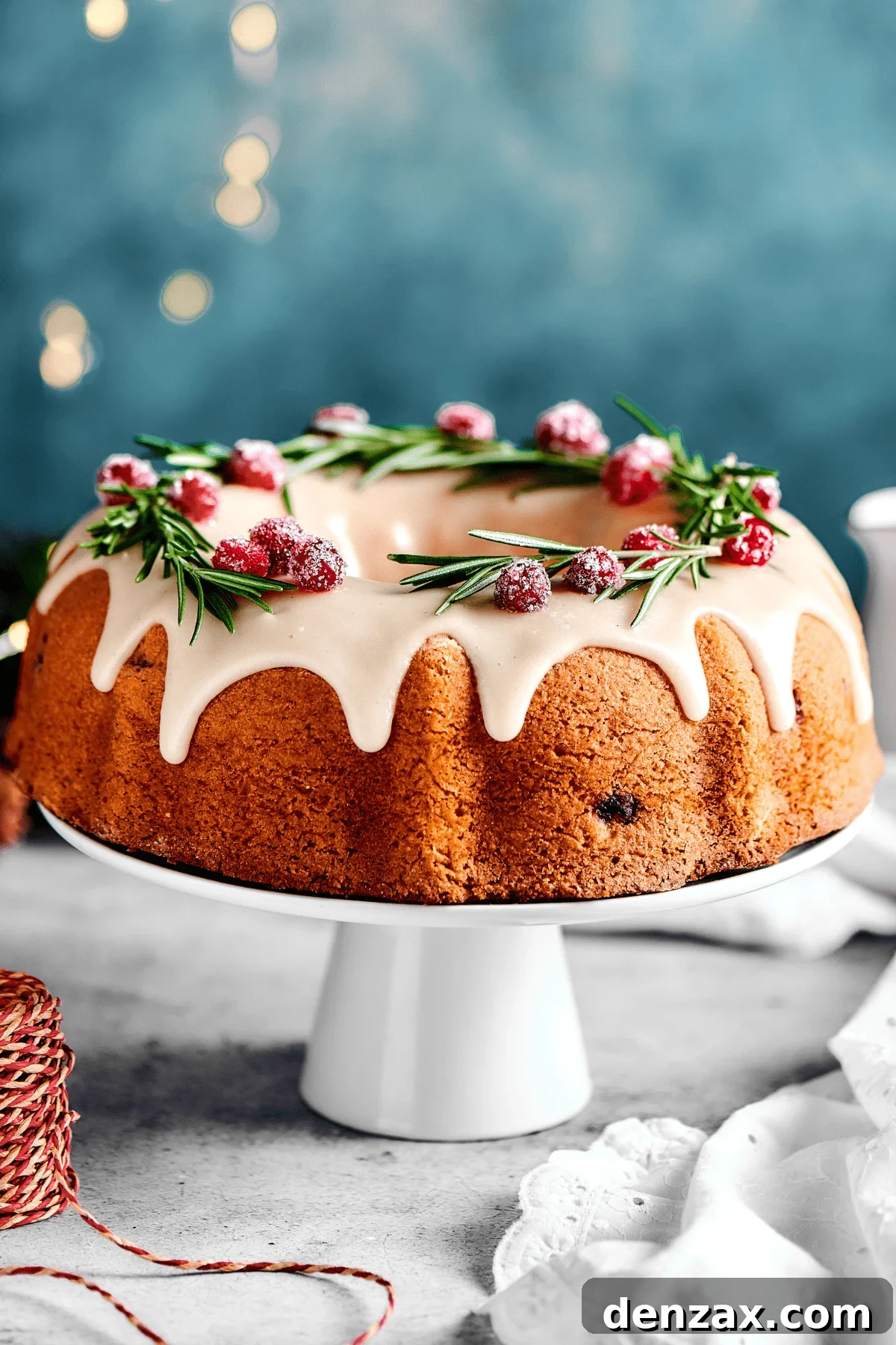 A cranberry pound cake on a white cake stand, with lights in the background of the shot.