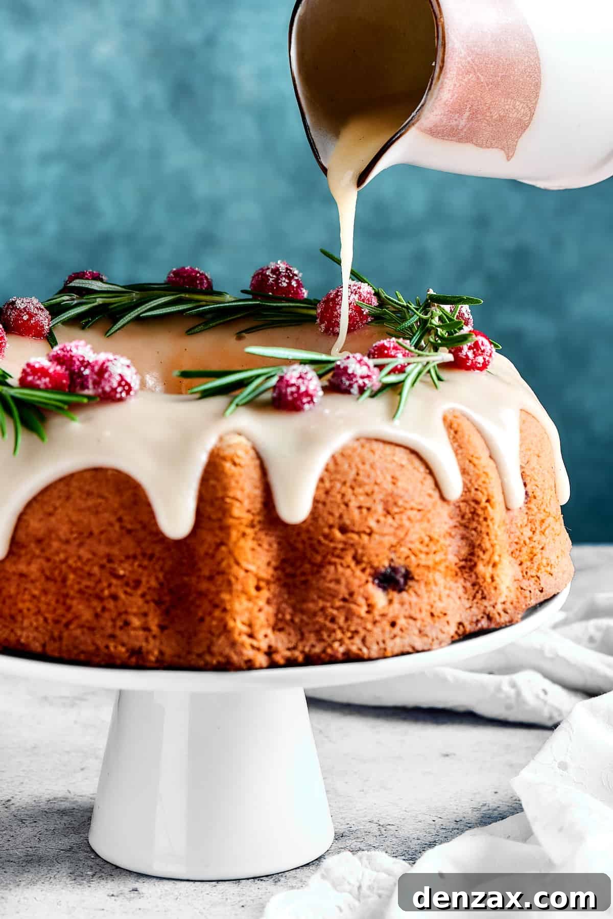 Pouring glaze over a Bundt cake.