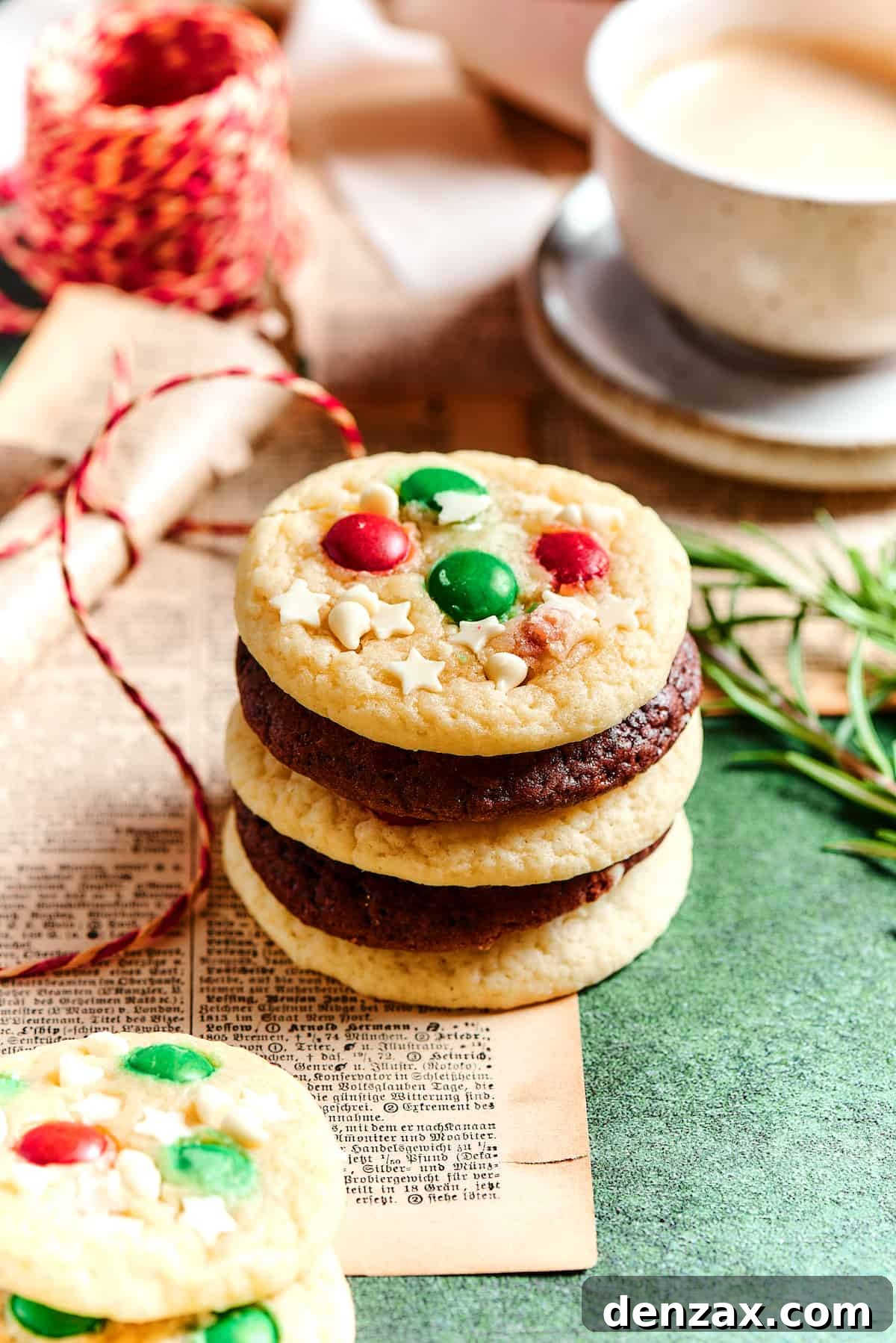 A stack of chocolate cake mix cookies and vanilla cake mix cookies.