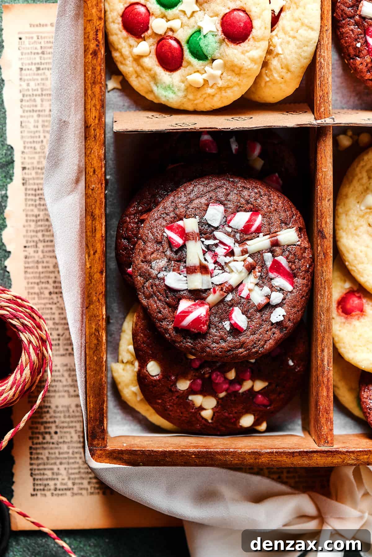 Close-up of chocolate Christmas cake mix cookies, decorated with crushed peppermint.