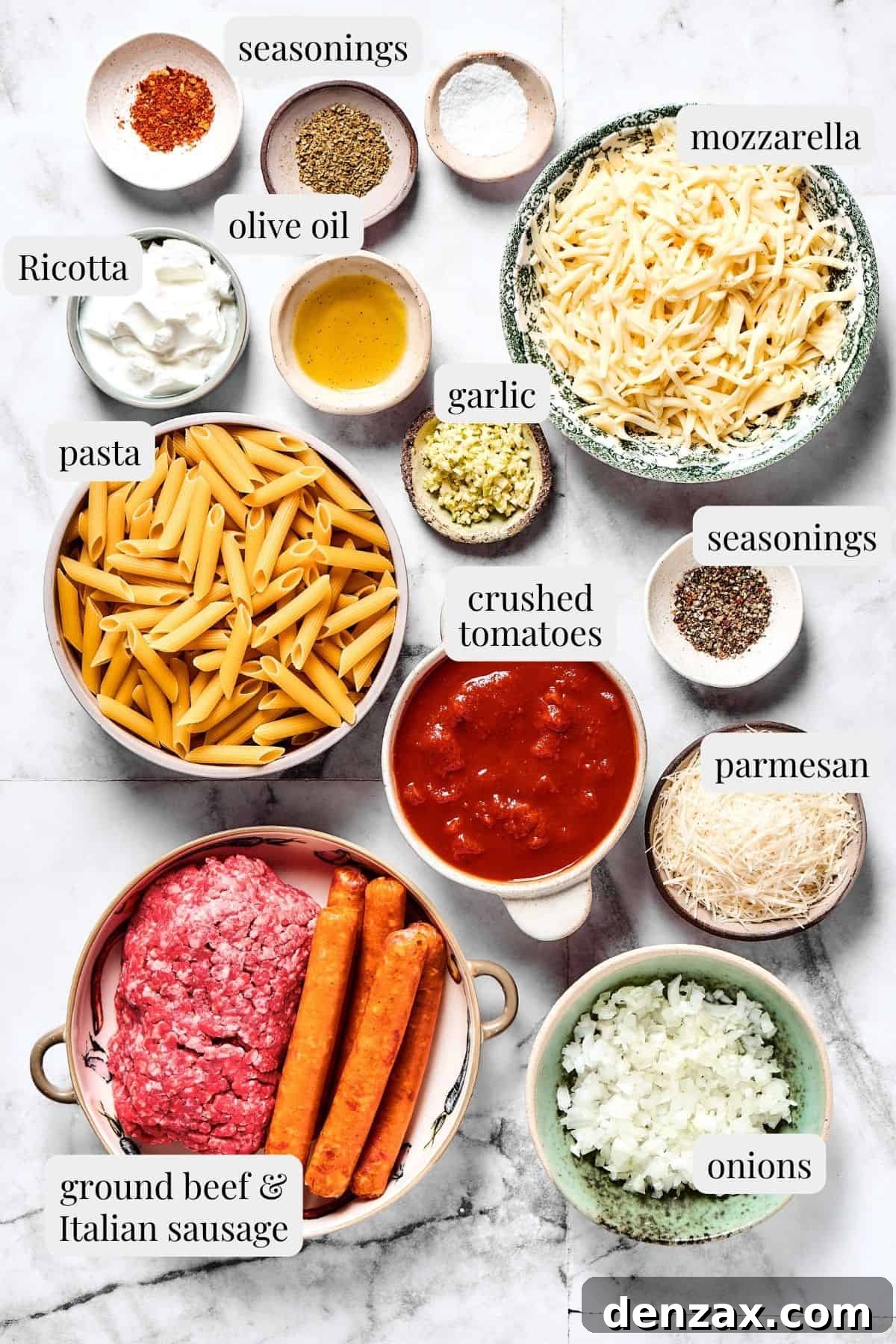 Overhead photo of all the ingredients for mostaccioli.