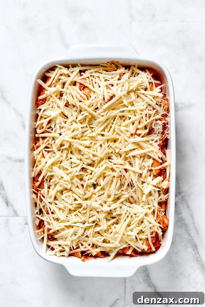 A baking dish filled with layers of pasta in sauce, mozzarella, and parmesan cheese.