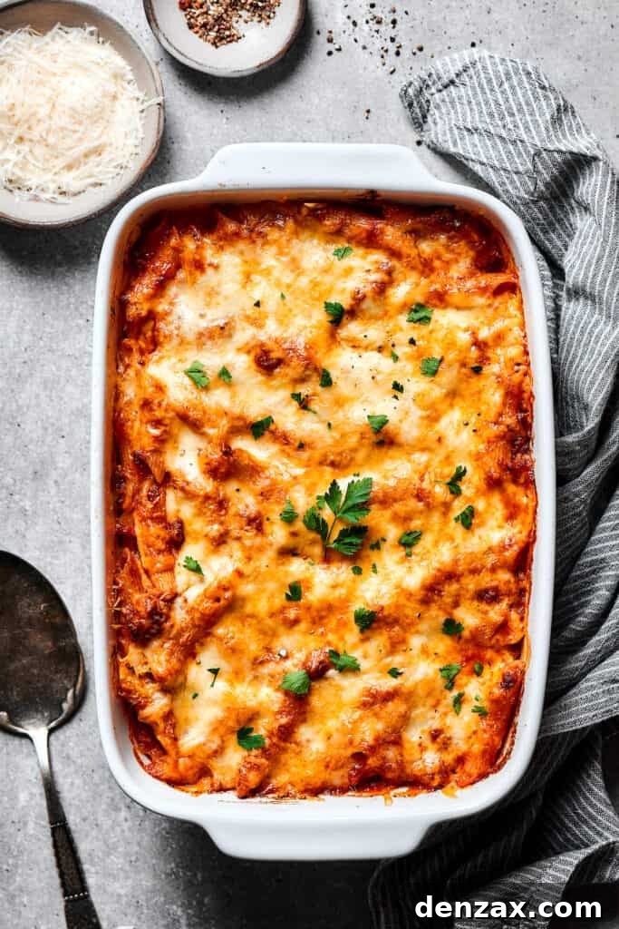Baked mostaccioli garnished with herbs.
