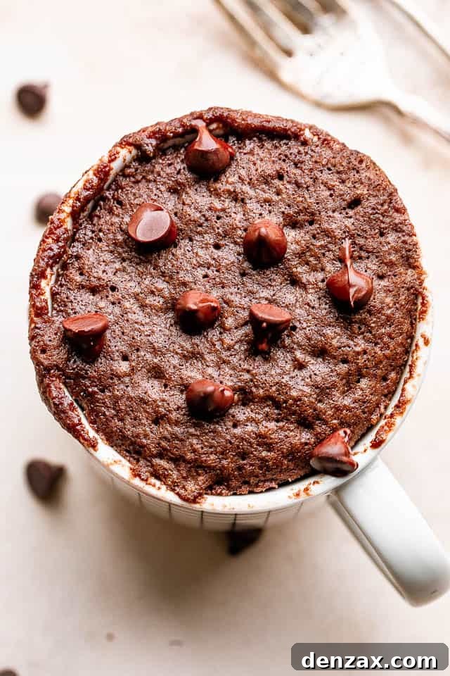 chocolate cake in a mug topped with chocolate chips