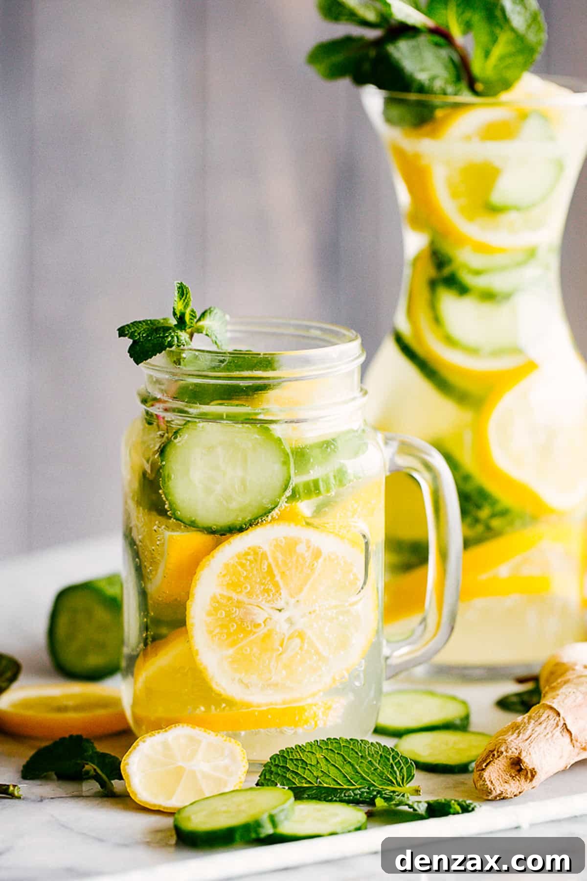 lemon cucumber water served in a mason jar with handle, and in a tall carafe