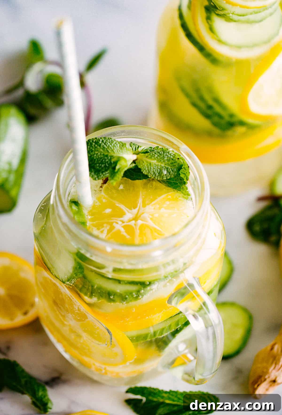 lemon cucumber water in a mason jar glass, served with a straw.