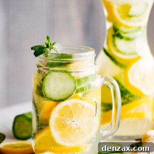 lemon cucumber water served in a mason jar with handle, and in a tall carafe