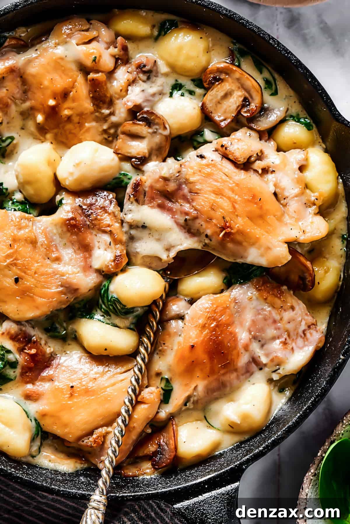 Close-up shot of chicken cooked with a creamy vegetable sauce.