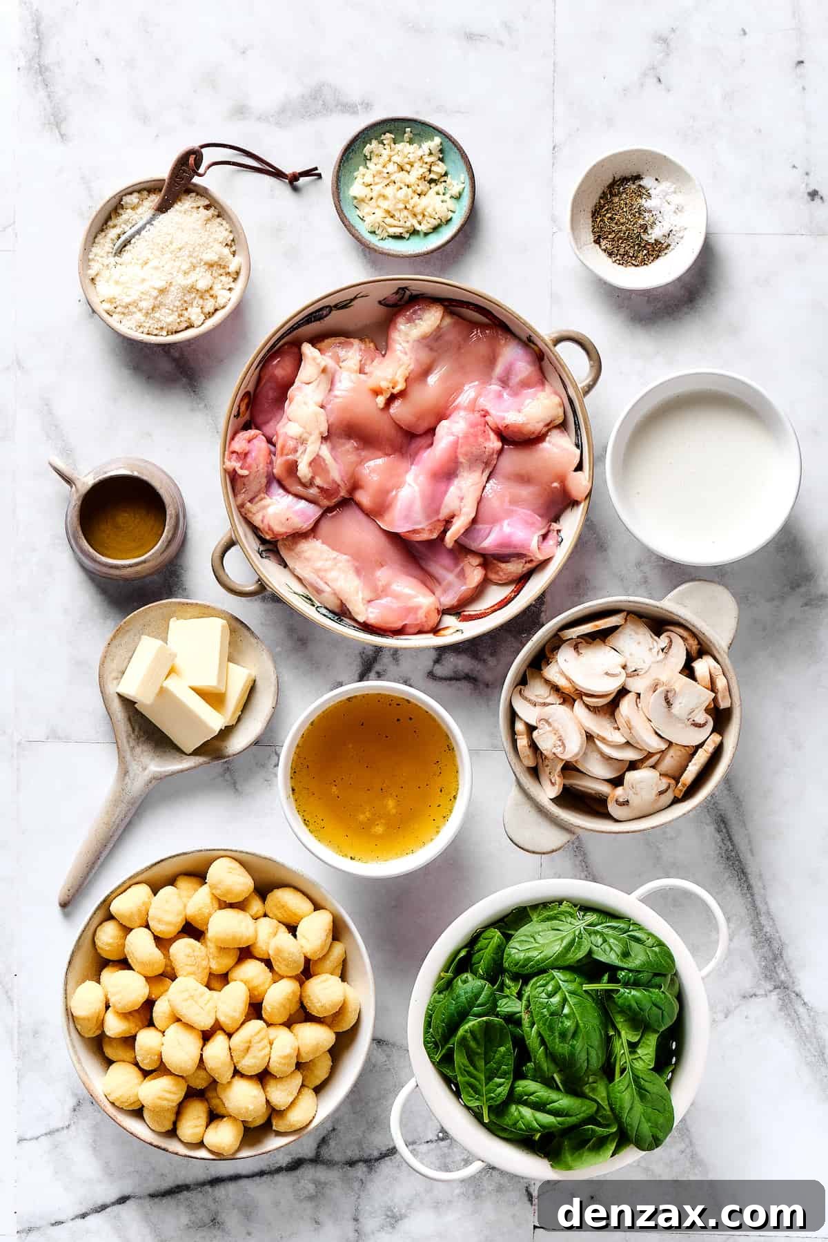 Chicken gnocchi ingredients measured and arranged on a table.
